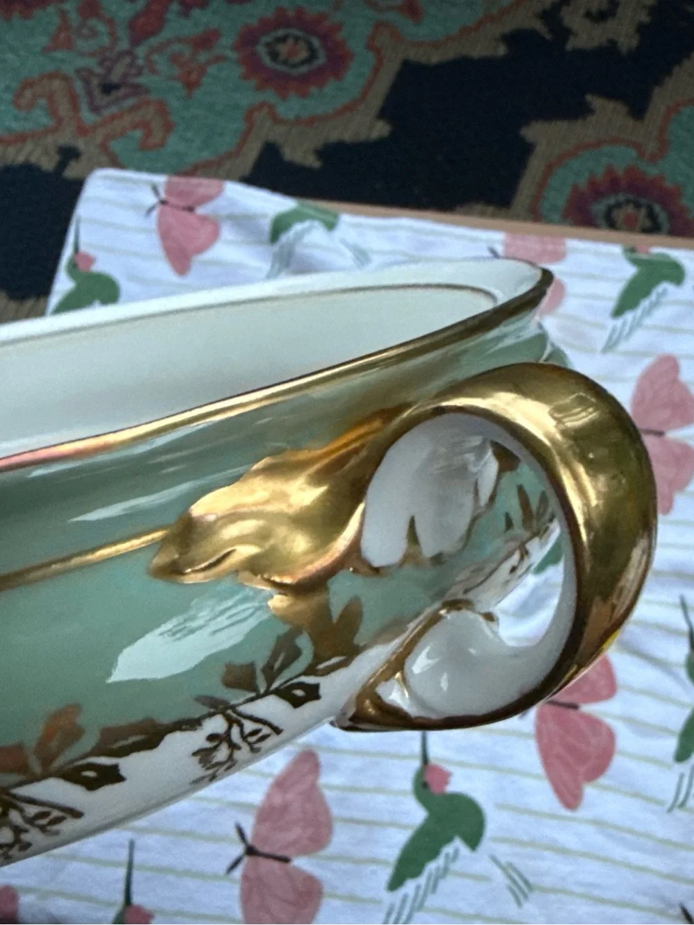 Vintage Aynsley Sage Green Gold Gilt Scroll covered serving dish 8224 rare